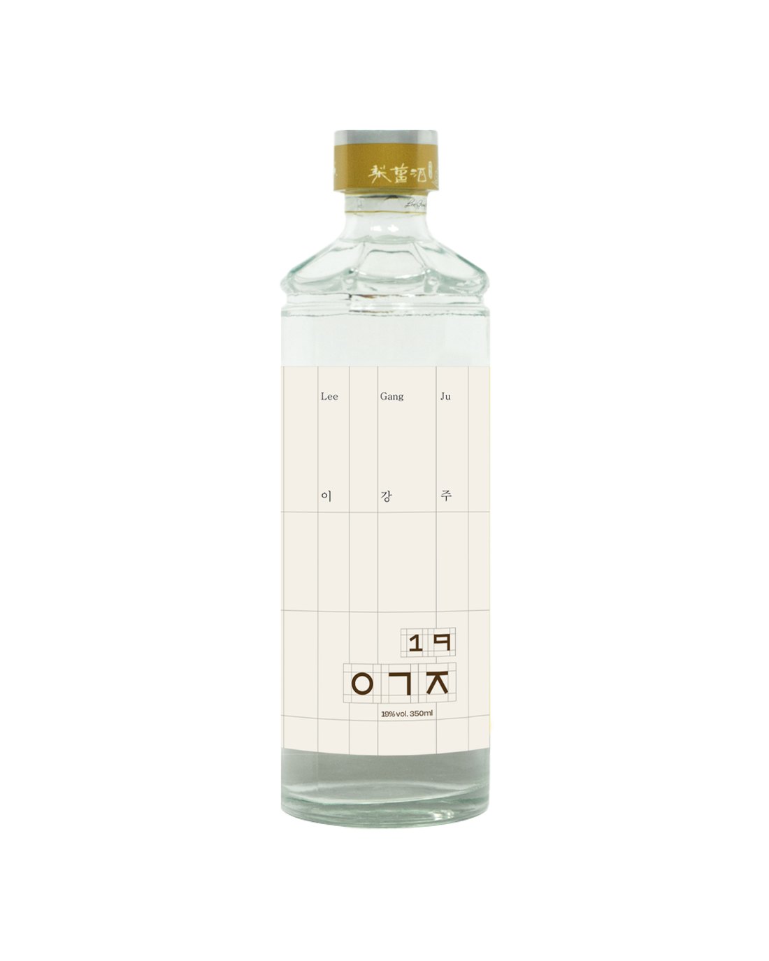 A clear 350ml bottle of Lee Gang Ju with a grid-patterned label and gold cap
