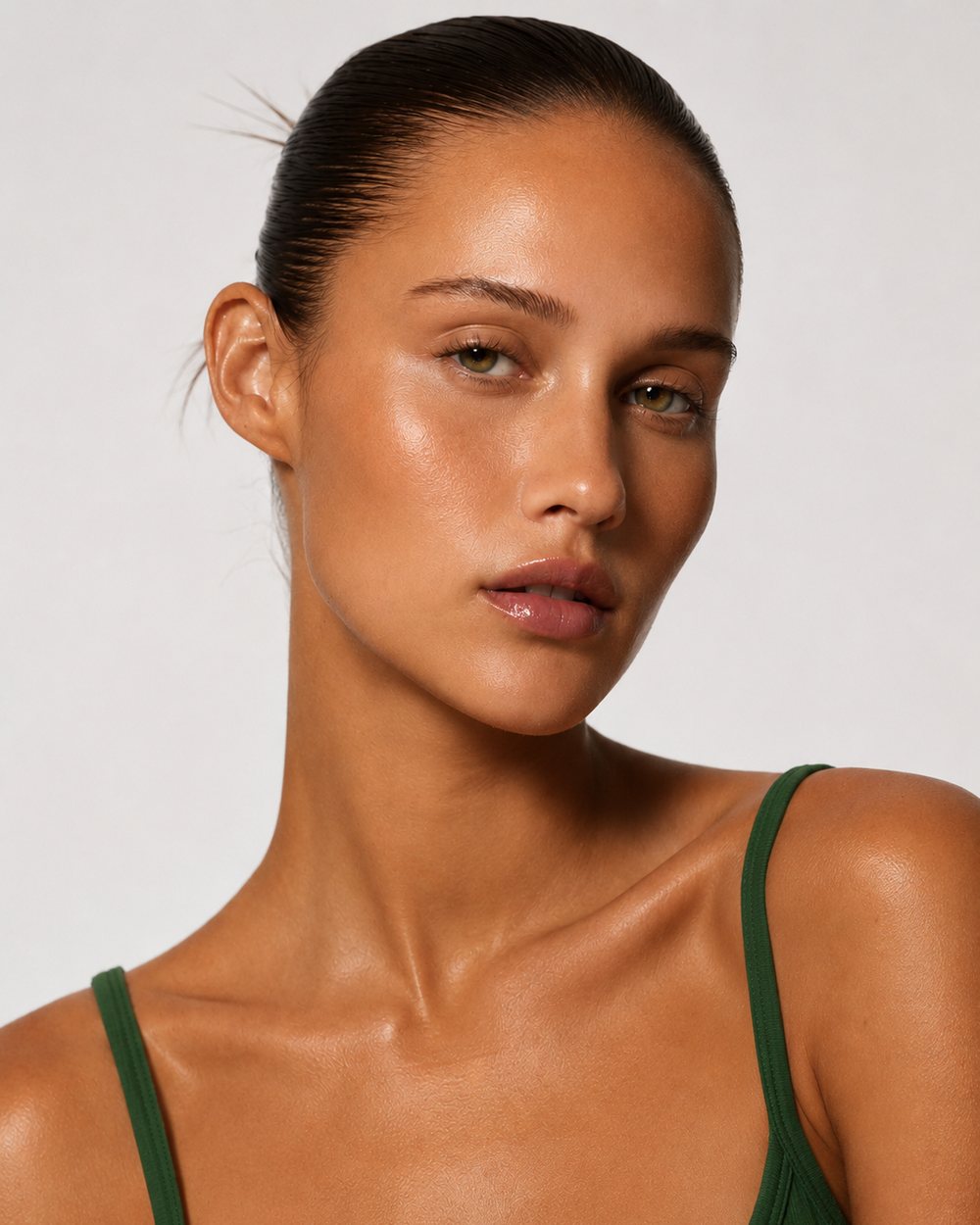 A close-up beauty portrait of a model with glossy skin against a pale ground