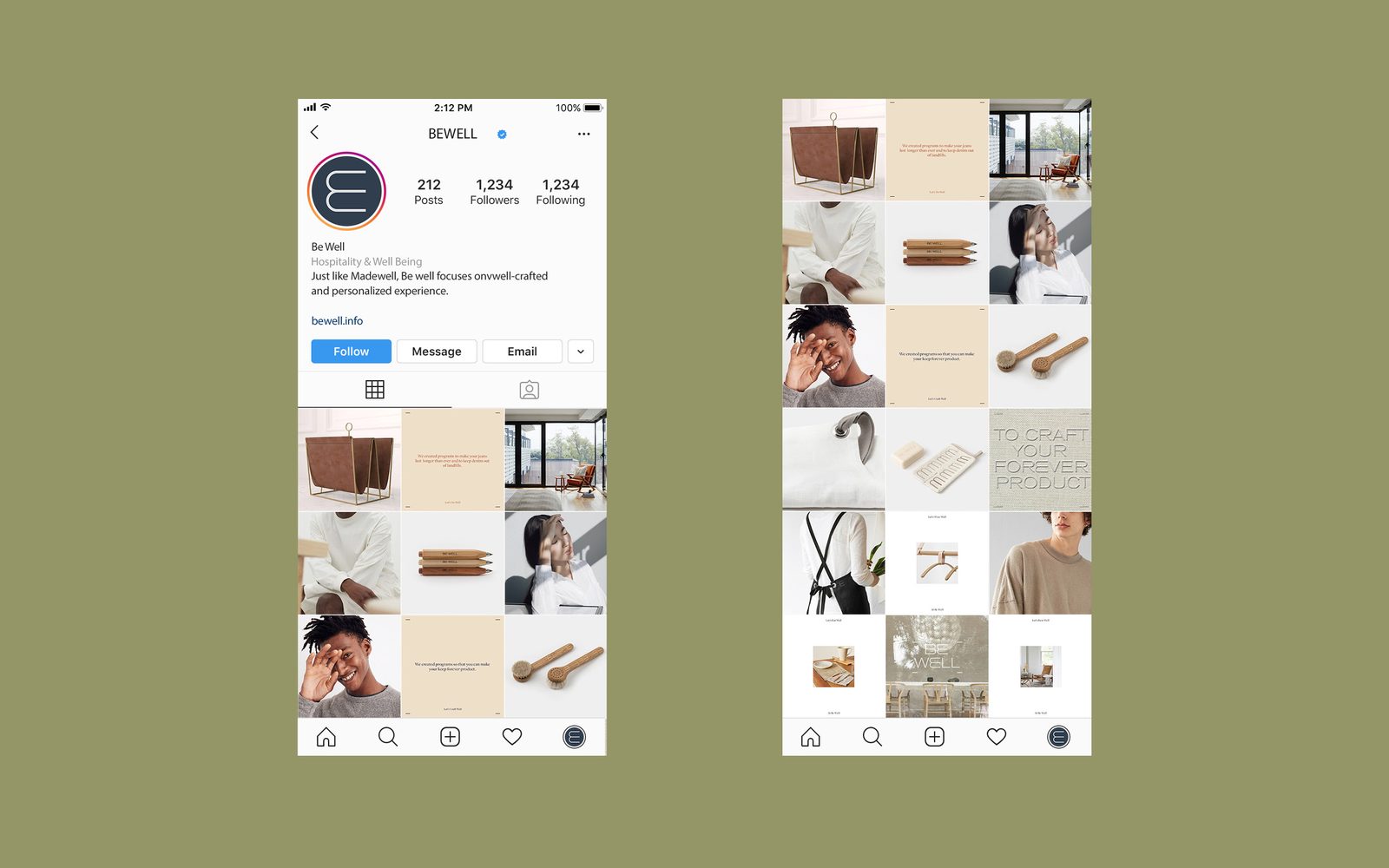 Two phone screens showing the Be Well hospitality Instagram profile and feed on an olive ground