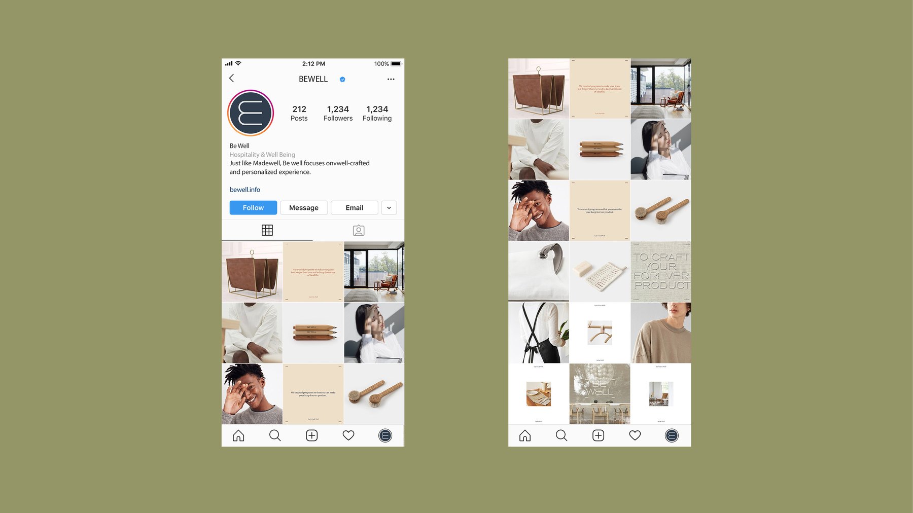 Two phone screens showing the Be Well Instagram profile and post grid on an olive ground