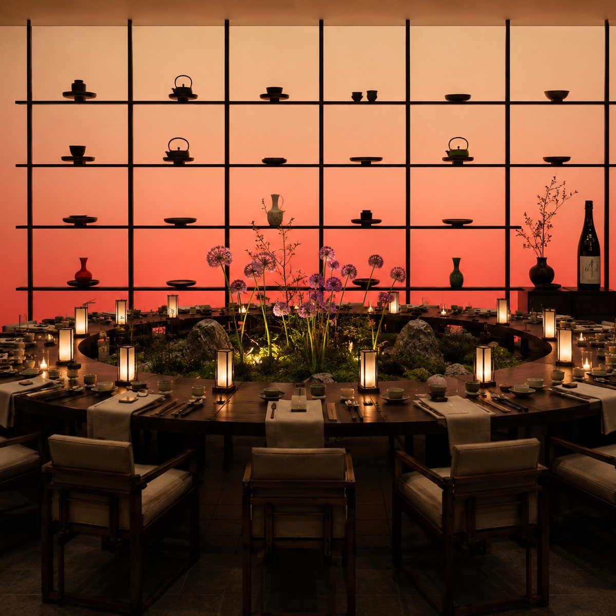 A candlelit round dining table set for a private dinner, framed by a gradient wall of ceramics